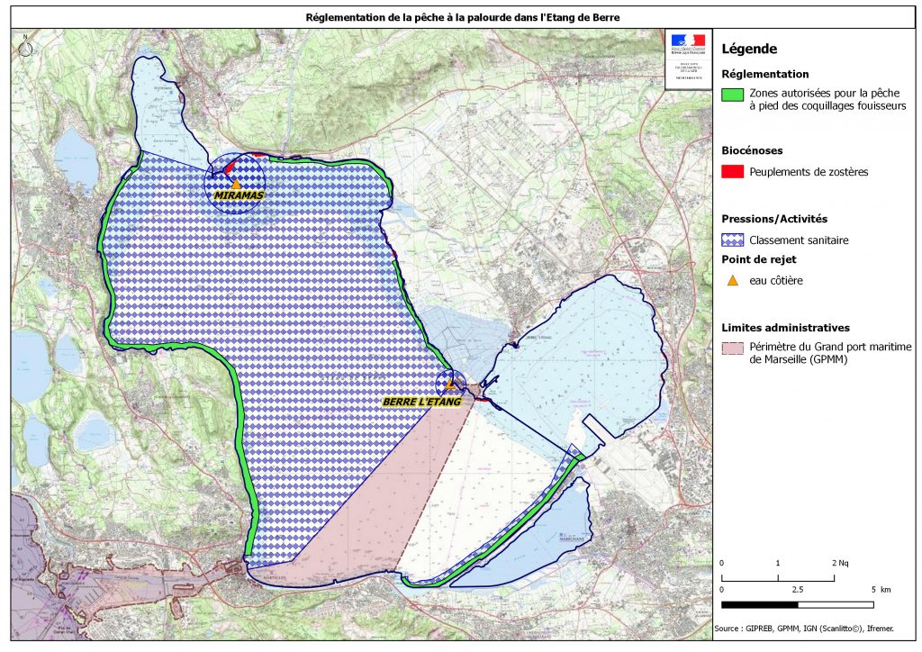 Carte des zones autorisées à la pêche à pied des bivalves fouisseurs dans l’étang de Berre
